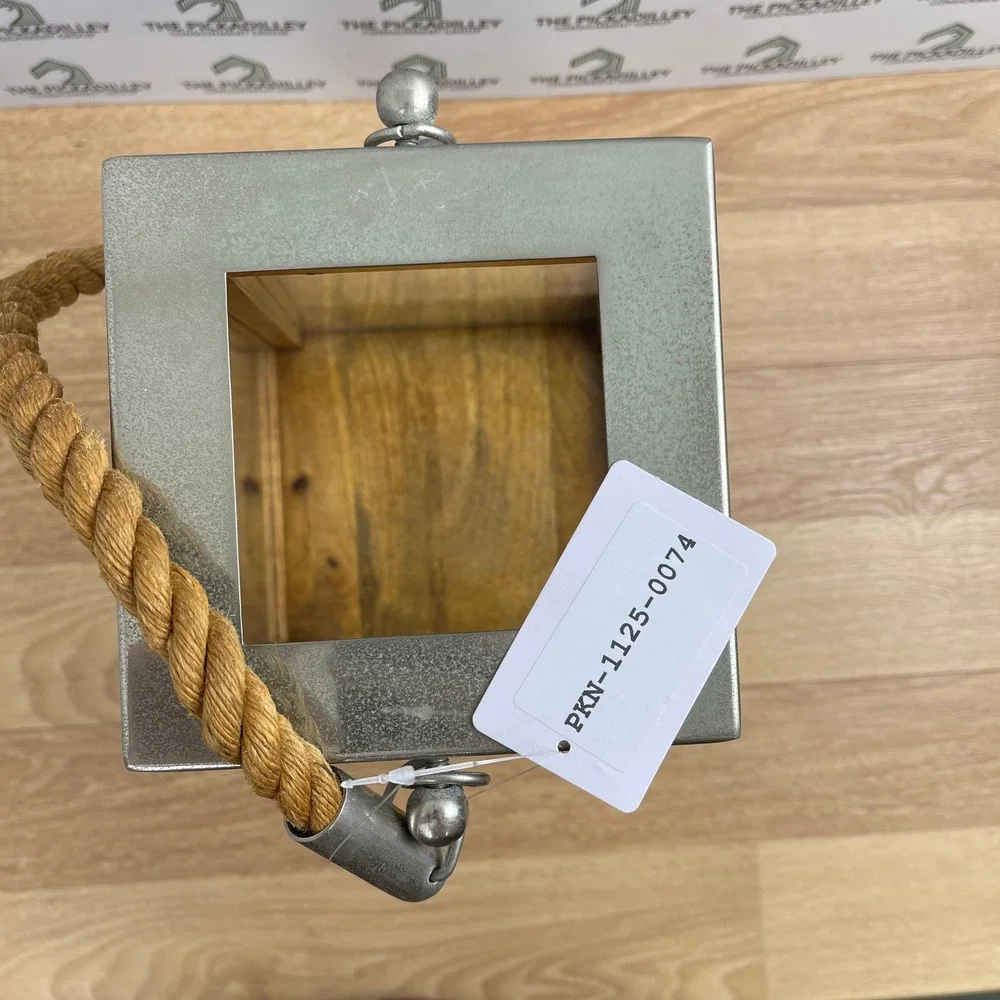 Rustic Wood and Glass Teak Lantern Rope Handle Nautical Farmhouse Decor 14 Inch